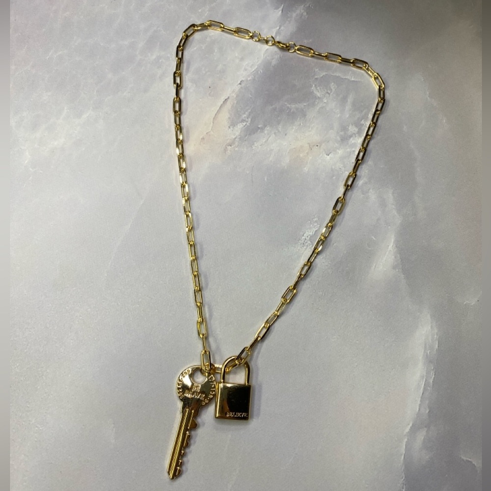 Gold Filled Be Brave / Believe Lock and Key Necklace